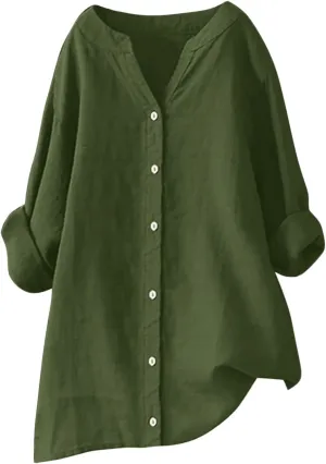 Womens Button Up Shirts Solid Color Short Sleeve Linen Summer Casual Fashion Blouse Top Loose T-Shirt