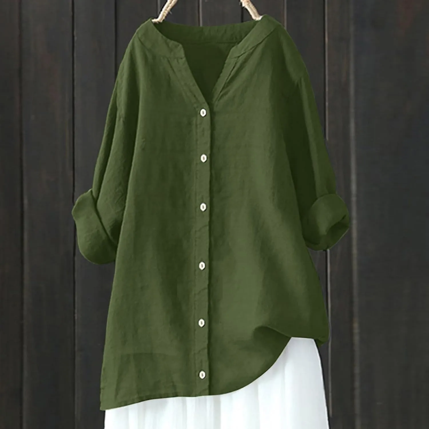 Womens Button Up Shirts Solid Color Short Sleeve Linen Summer Casual Fashion Blouse Top Loose T-Shirt