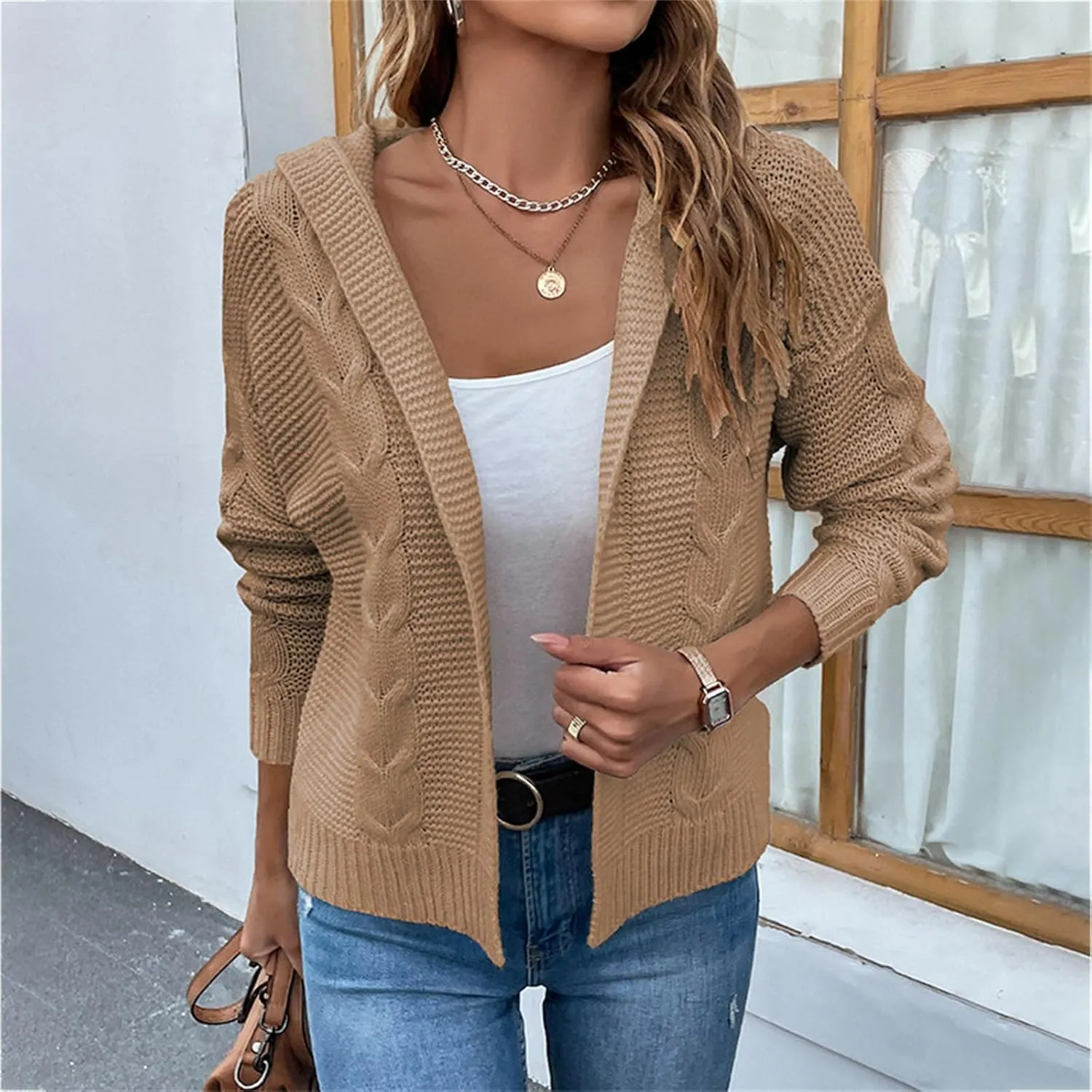 Women's Cable Knit Long Sleeve Sweater Cardigan Open Front Cropped Hoodie Cardigans Hooded Casual Loose Short Outwear