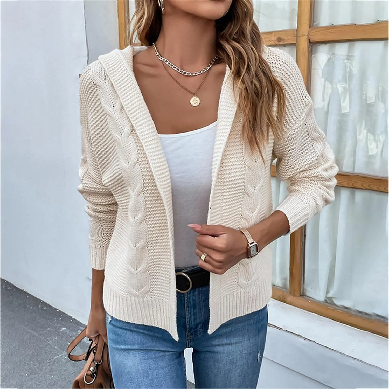 Women's Cable Knit Long Sleeve Sweater Cardigan Open Front Cropped Hoodie Cardigans Hooded Casual Loose Short Outwear