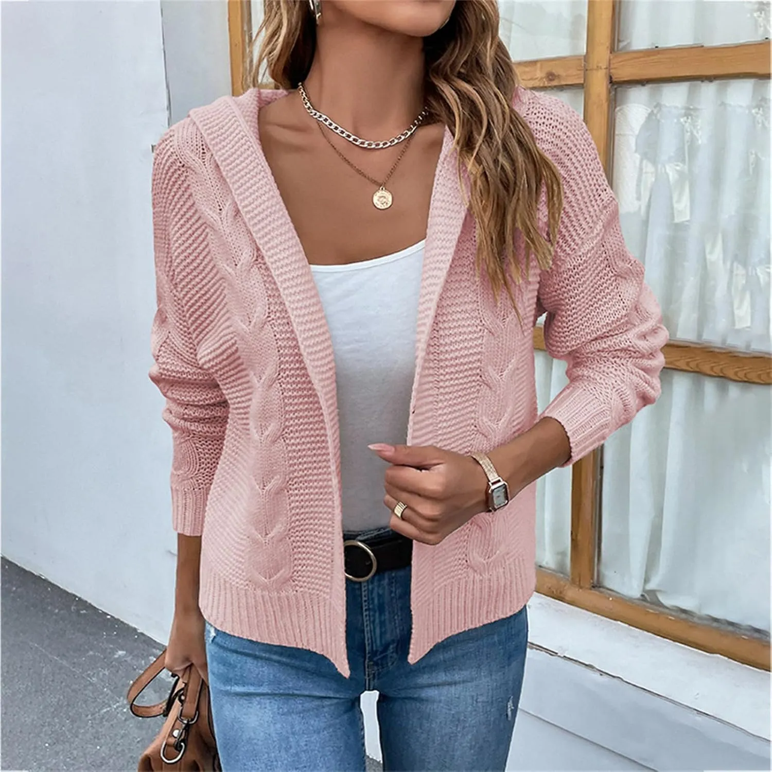 Women's Cable Knit Long Sleeve Sweater Cardigan Open Front Cropped Hoodie Cardigans Hooded Casual Loose Short Outwear