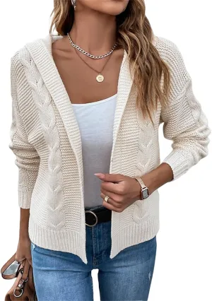 Women's Cable Knit Long Sleeve Sweater Cardigan Open Front Cropped Hoodie Cardigans Hooded Casual Loose Short Outwear