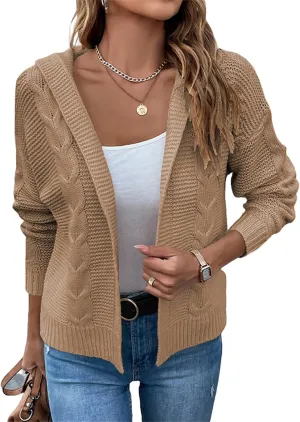 Women's Cable Knit Long Sleeve Sweater Cardigan Open Front Cropped Hoodie Cardigans Hooded Casual Loose Short Outwear