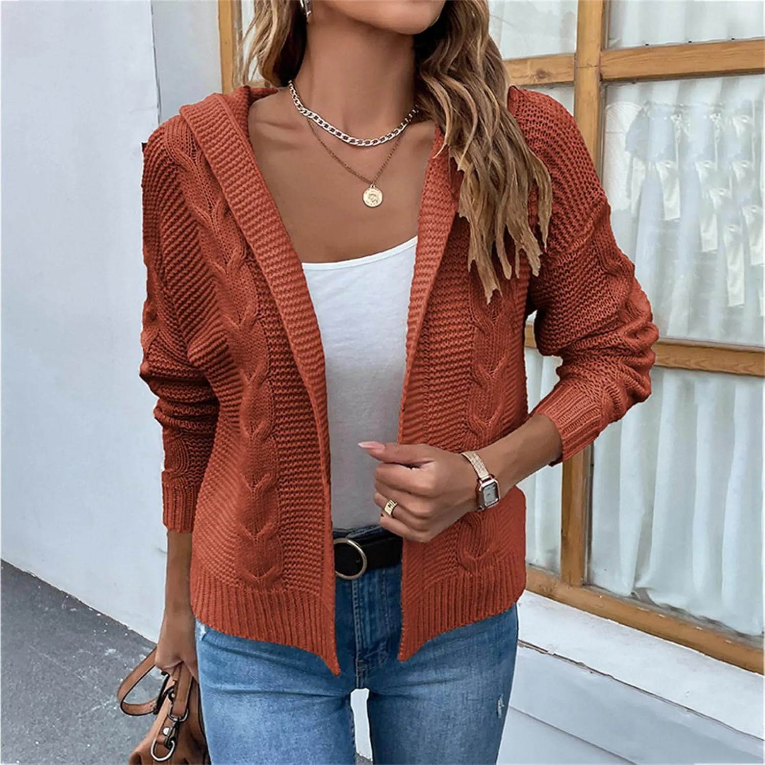 Women's Cable Knit Long Sleeve Sweater Cardigan Open Front Cropped Hoodie Cardigans Hooded Casual Loose Short Outwear