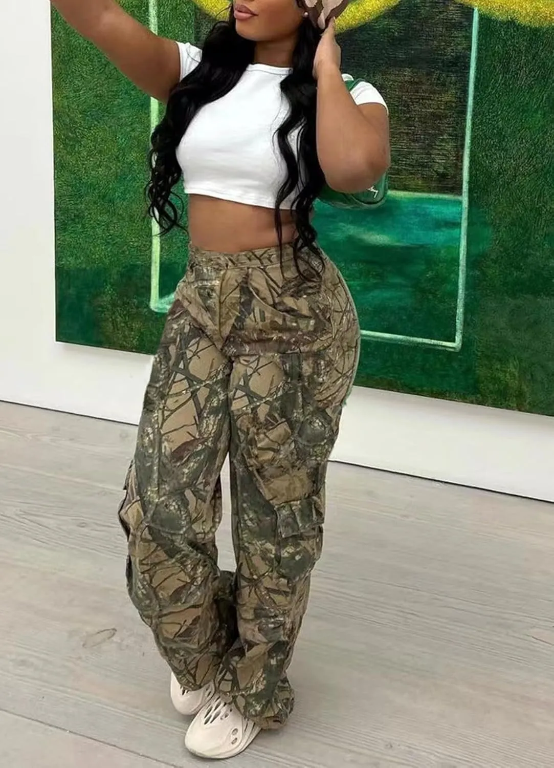 Womens Camo Cargo Pants High Waist Baggy Straight Wide Leg Camouflage Army Fatigue Jean Trousers Pockets Sweatpants