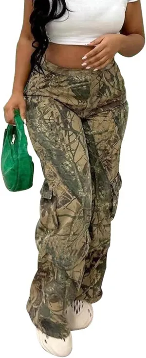 Womens Camo Cargo Pants High Waist Baggy Straight Wide Leg Camouflage Army Fatigue Jean Trousers Pockets Sweatpants