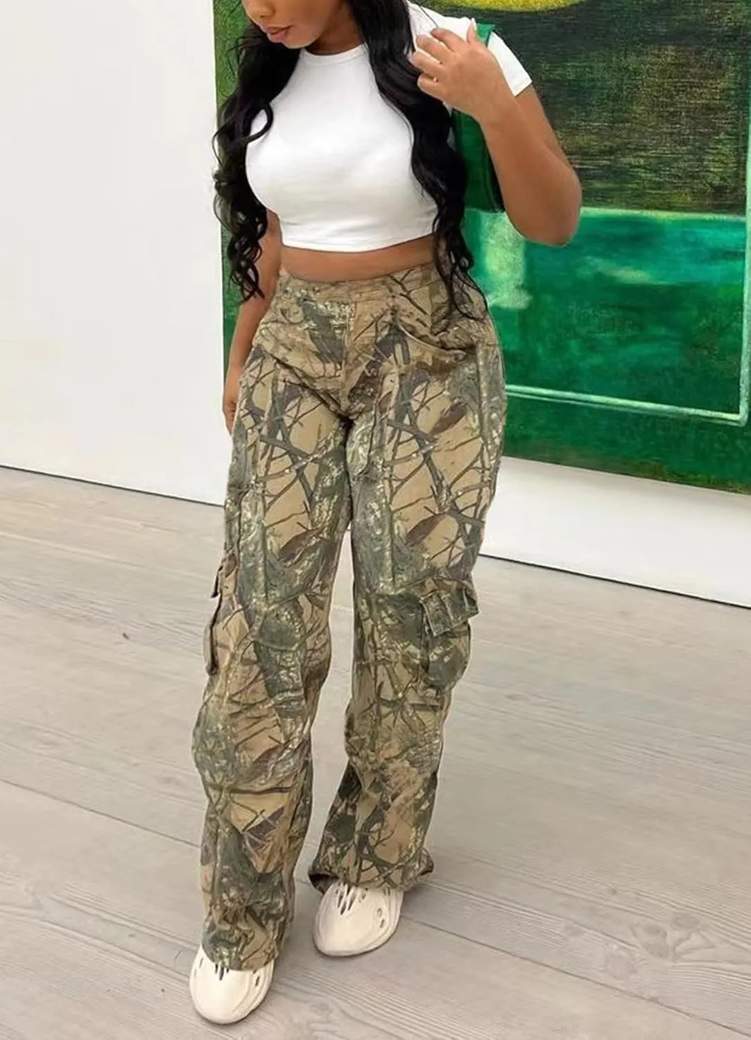 Womens Camo Cargo Pants High Waist Baggy Straight Wide Leg Camouflage Army Fatigue Jean Trousers Pockets Sweatpants