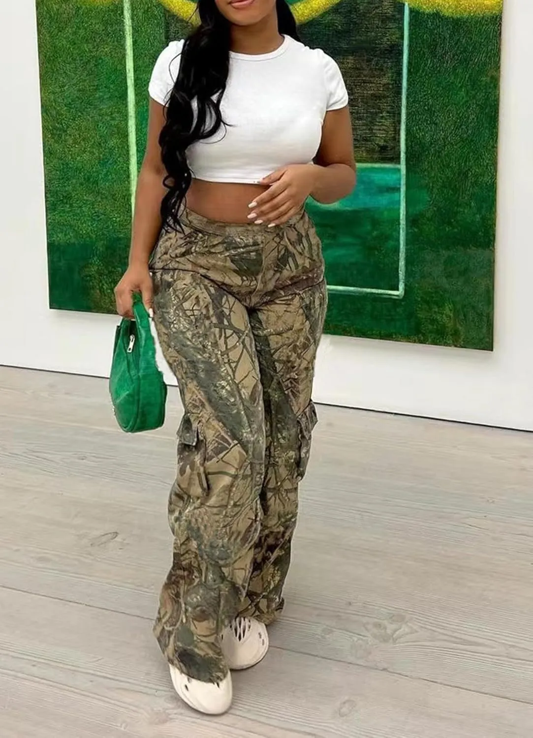 Womens Camo Cargo Pants High Waist Baggy Straight Wide Leg Camouflage Army Fatigue Jean Trousers Pockets Sweatpants
