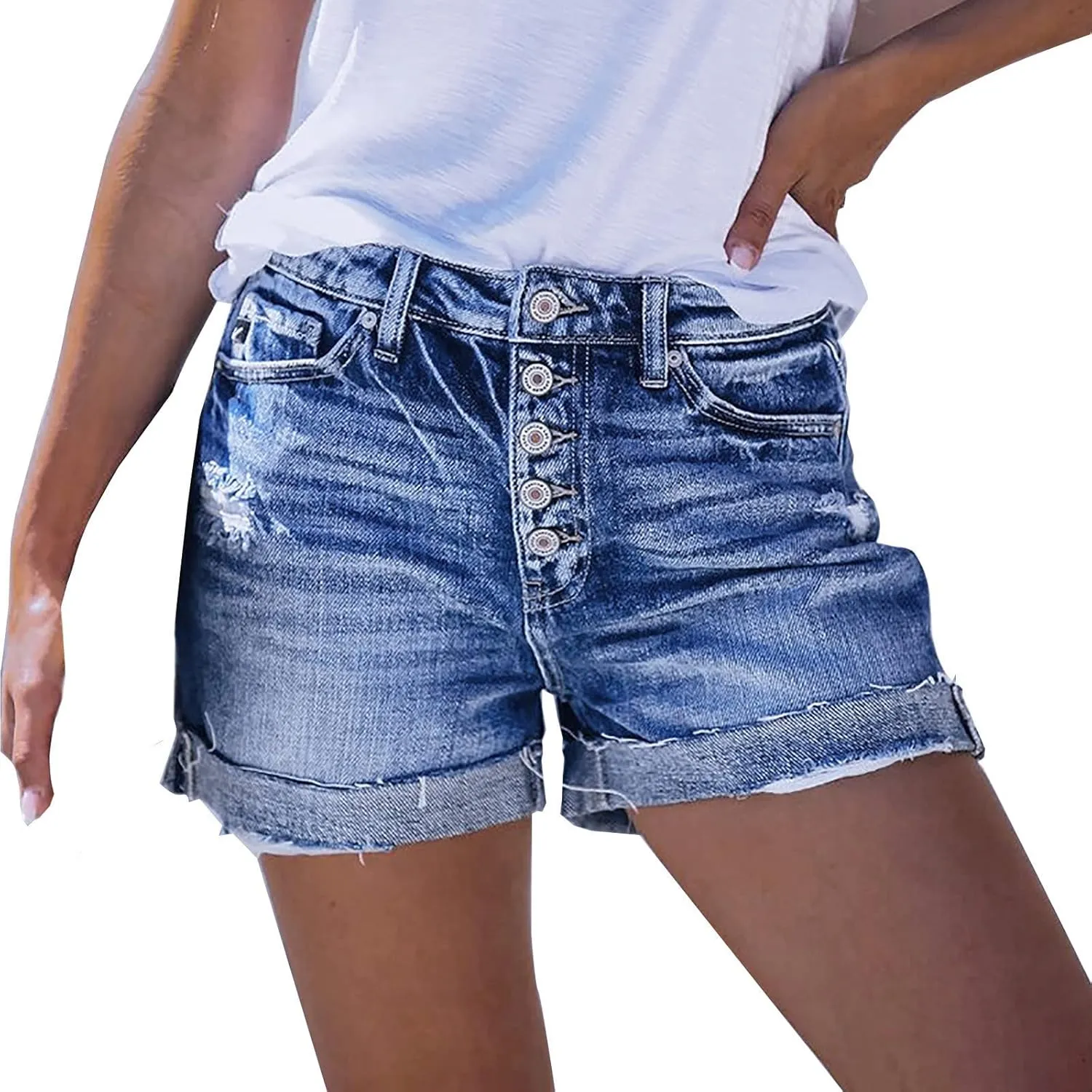 Womens Casual Stretch Denim Shorts High Waisted Casual Ripped Hot Shorts Folded Hem Button Beach Jeans Shorts