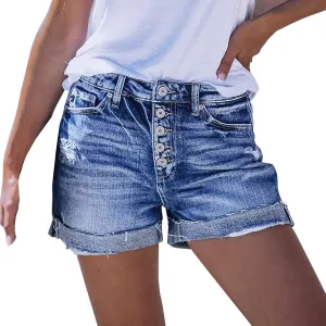 Womens Casual Stretch Denim Shorts High Waisted Casual Ripped Hot Shorts Folded Hem Button Beach Jeans Shorts