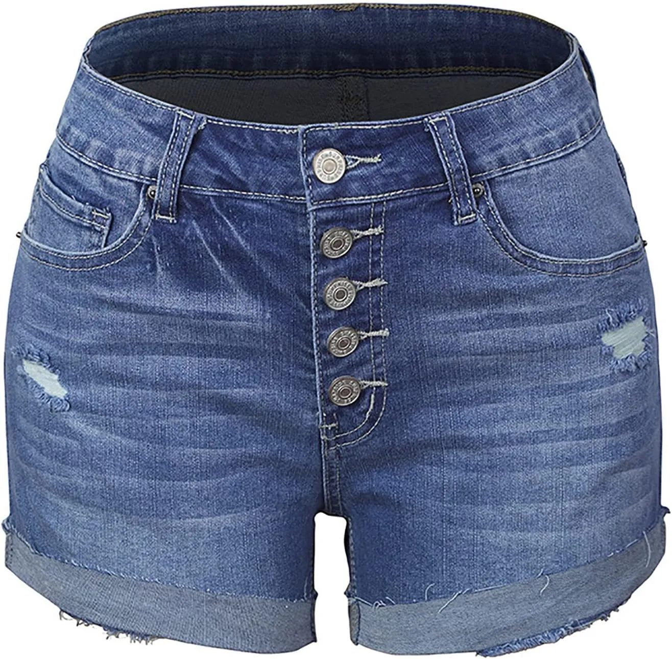 Womens Casual Stretch Denim Shorts High Waisted Casual Ripped Hot Shorts Folded Hem Button Beach Jeans Shorts