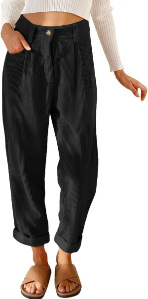 Womens Corduroy Pants Casual High Waisted Straight Leg Vintage Trousers for Women with Pockets