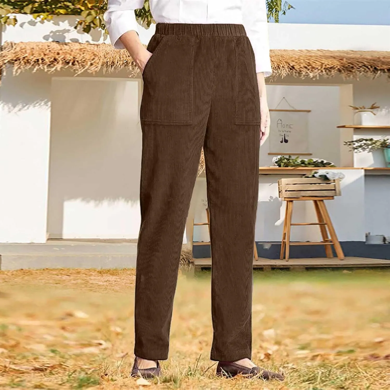 Women's Corduroy Pants High Rise Elastic Waist Straight Leg Pants Pull On Business Casual Trouser with Pockets