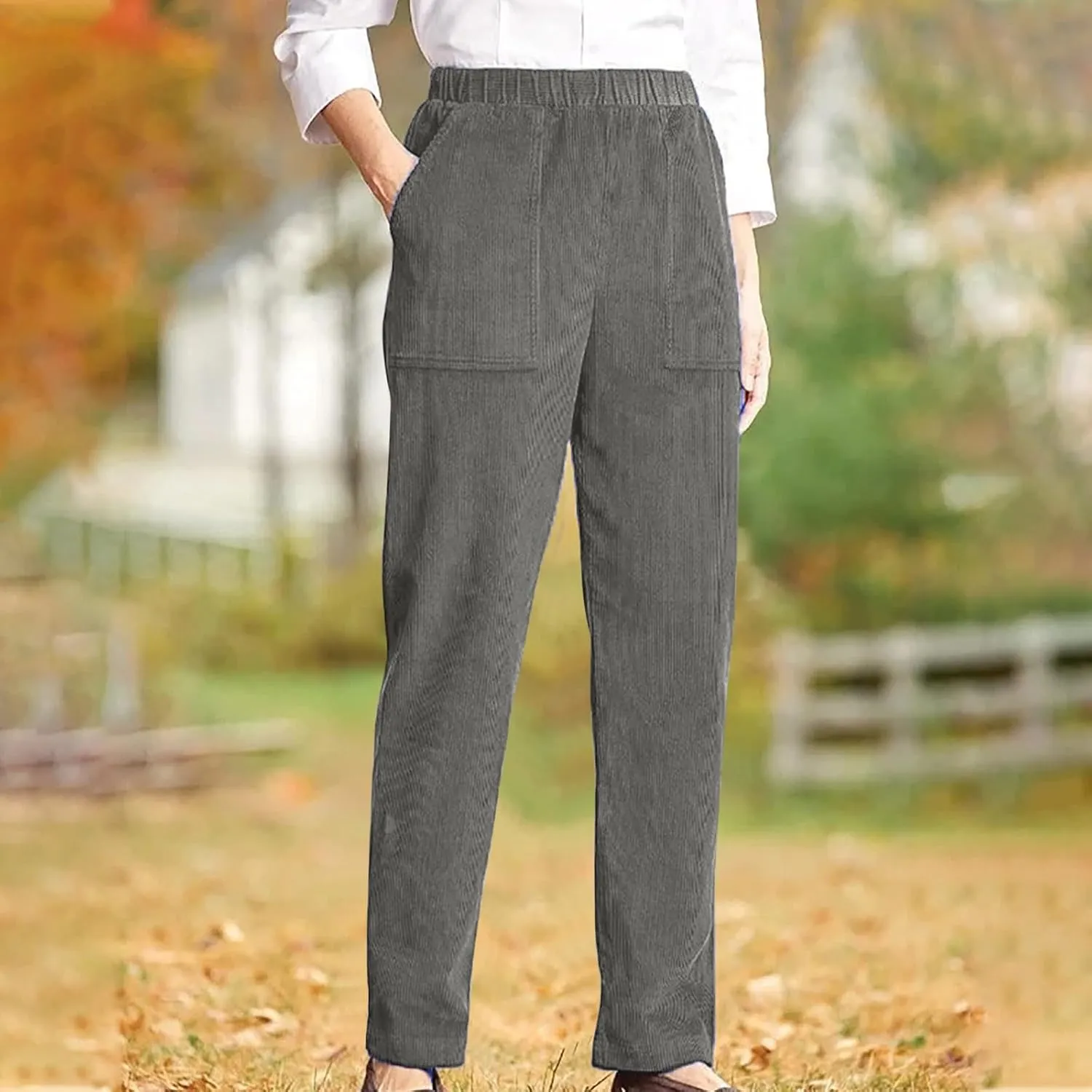 Women's Corduroy Pants High Rise Elastic Waist Straight Leg Pants Pull On Business Casual Trouser with Pockets
