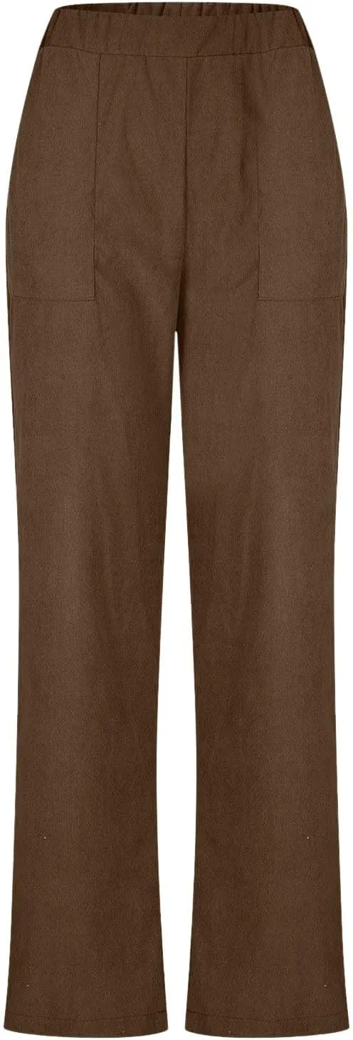Women's Corduroy Pants High Rise Elastic Waist Straight Leg Pants Pull On Business Casual Trouser with Pockets