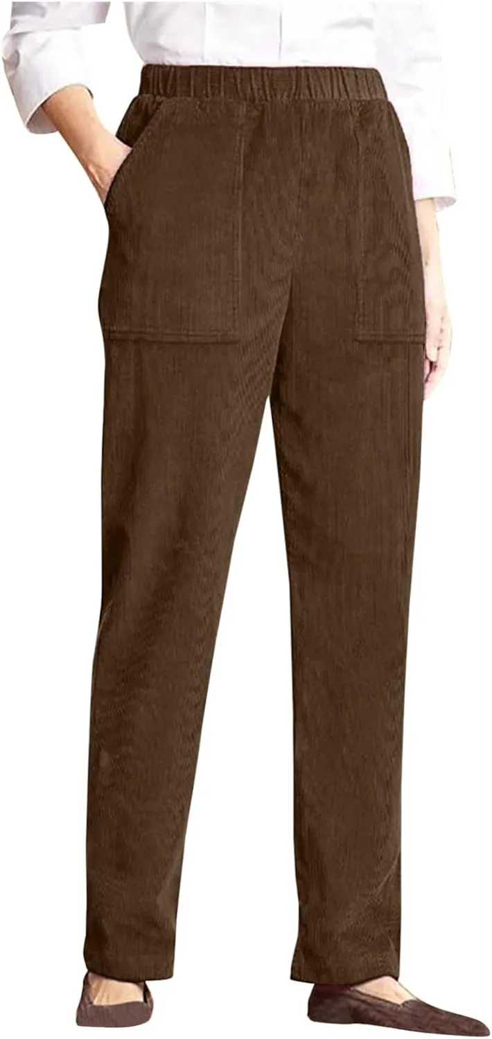 Women's Corduroy Pants High Rise Elastic Waist Straight Leg Pants Pull On Business Casual Trouser with Pockets