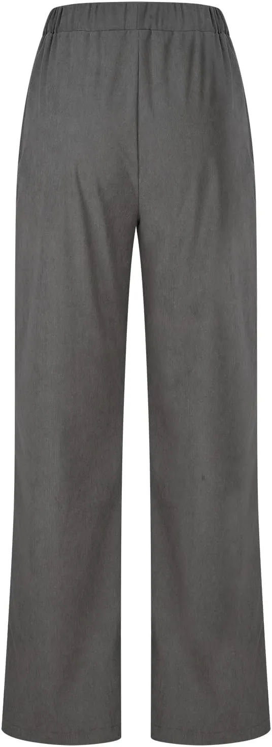 Women's Corduroy Pants High Rise Elastic Waist Straight Leg Pants Pull On Business Casual Trouser with Pockets
