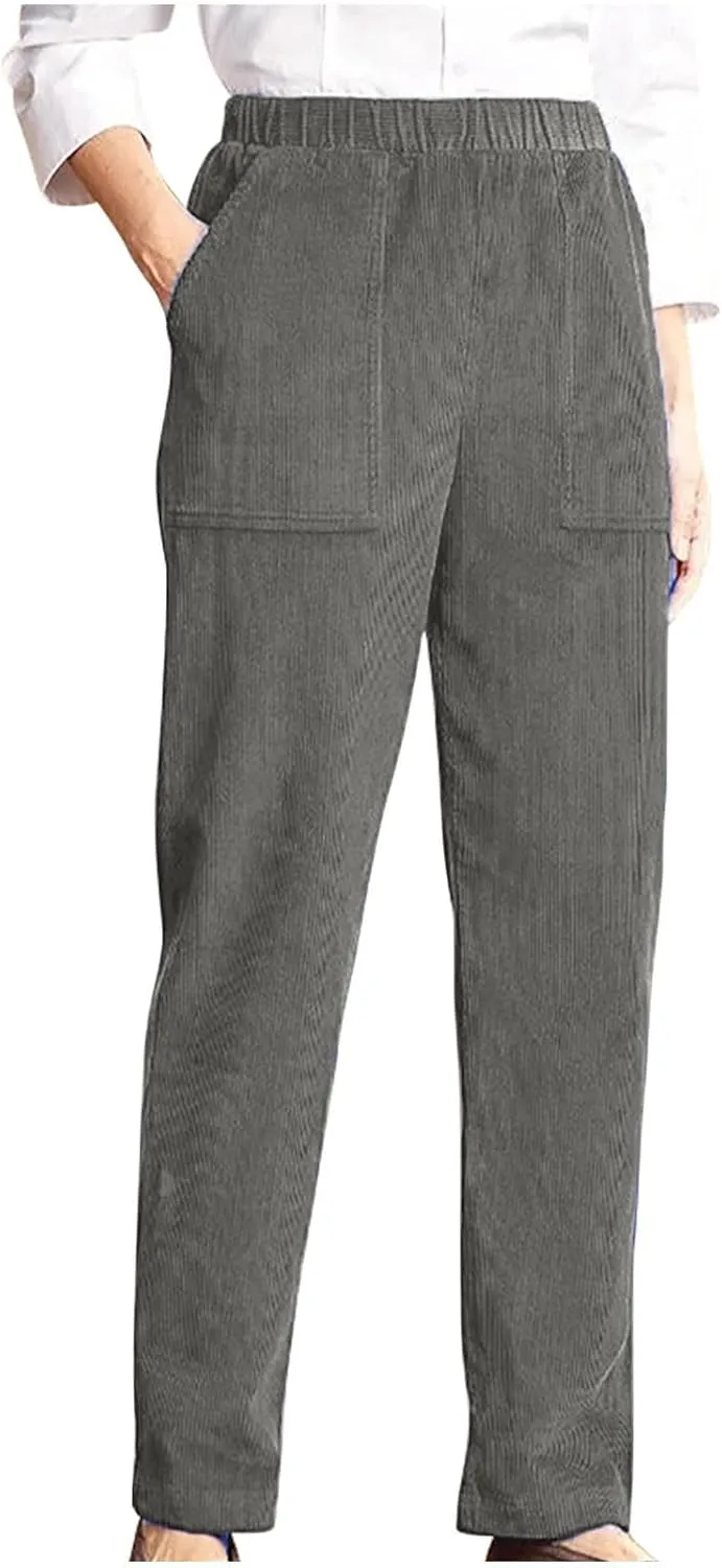 Women's Corduroy Pants High Rise Elastic Waist Straight Leg Pants Pull On Business Casual Trouser with Pockets