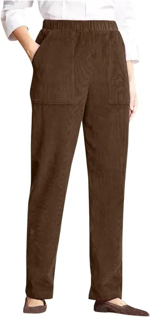 Women's Corduroy Pants High Rise Elastic Waist Straight Leg Pants Pull On Business Casual Trouser with Pockets