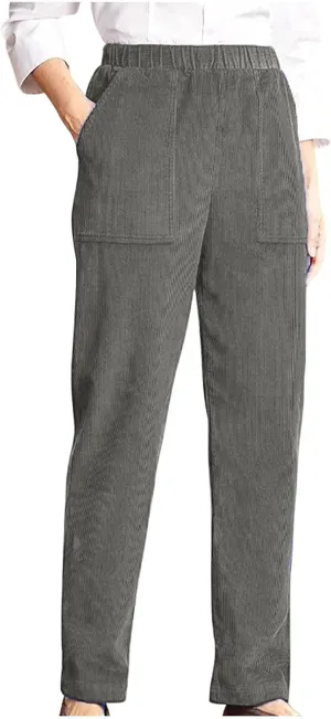 Women's Corduroy Pants High Rise Elastic Waist Straight Leg Pants Pull On Business Casual Trouser with Pockets