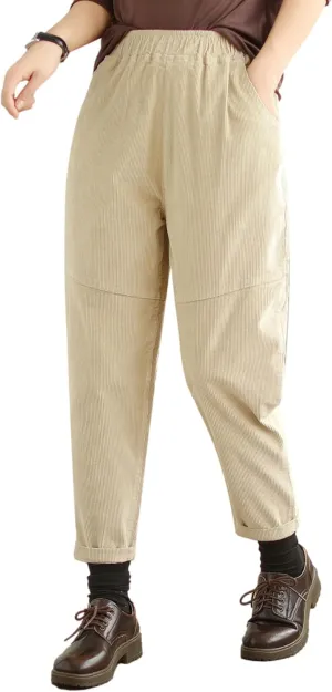 Womens Corduroy Pants Slim Casual Vintage Stretch High Waist Harem Pants Comfy Straight Leg Trousers