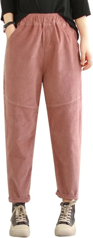 Womens Corduroy Pants Slim Casual Vintage Stretch High Waist Harem Pants Comfy Straight Leg Trousers