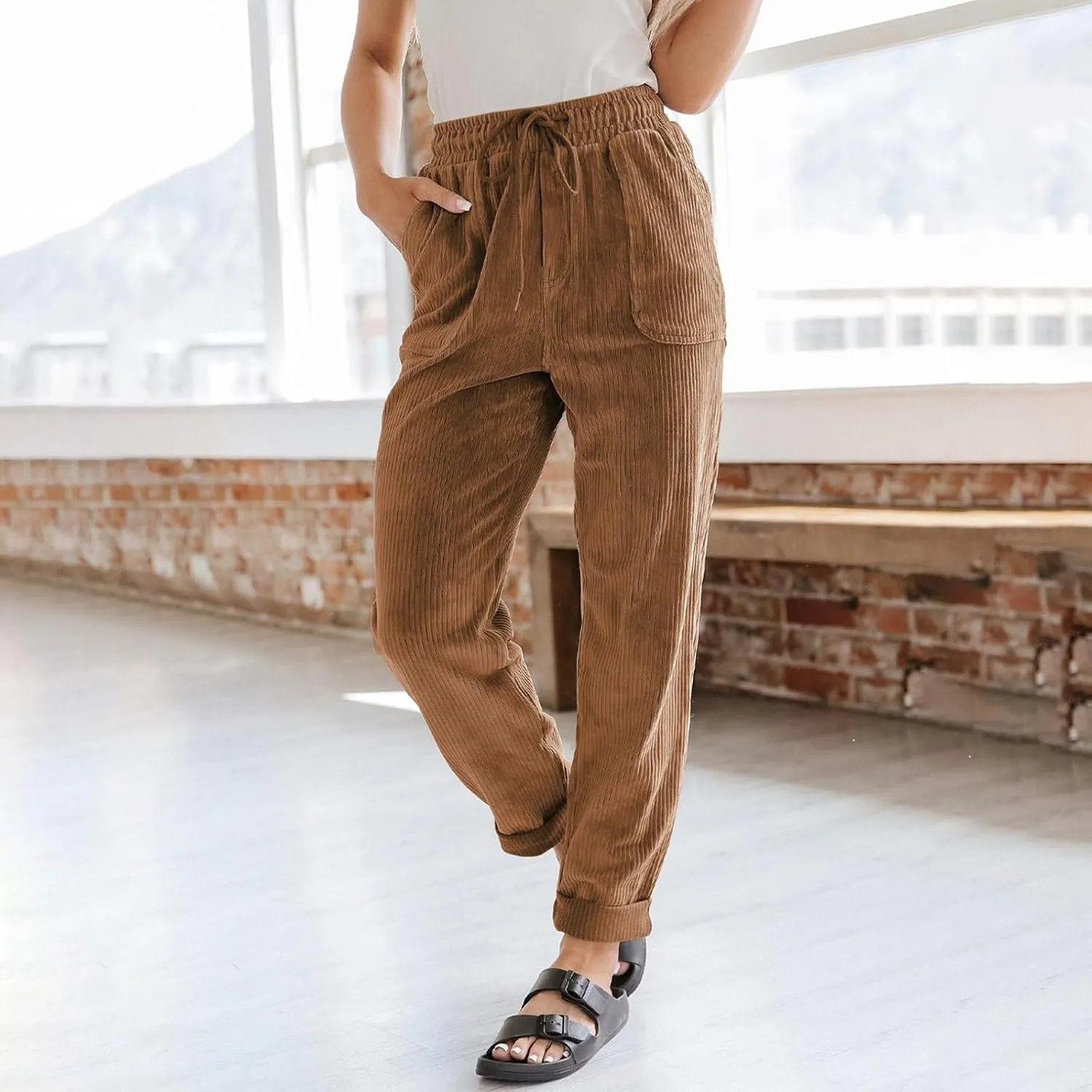 Womens Corduroy Pants Soft Comfy High Waisted Drawstring Joggers Casual Straight Leg Hiking Pants Trousers with Pocket