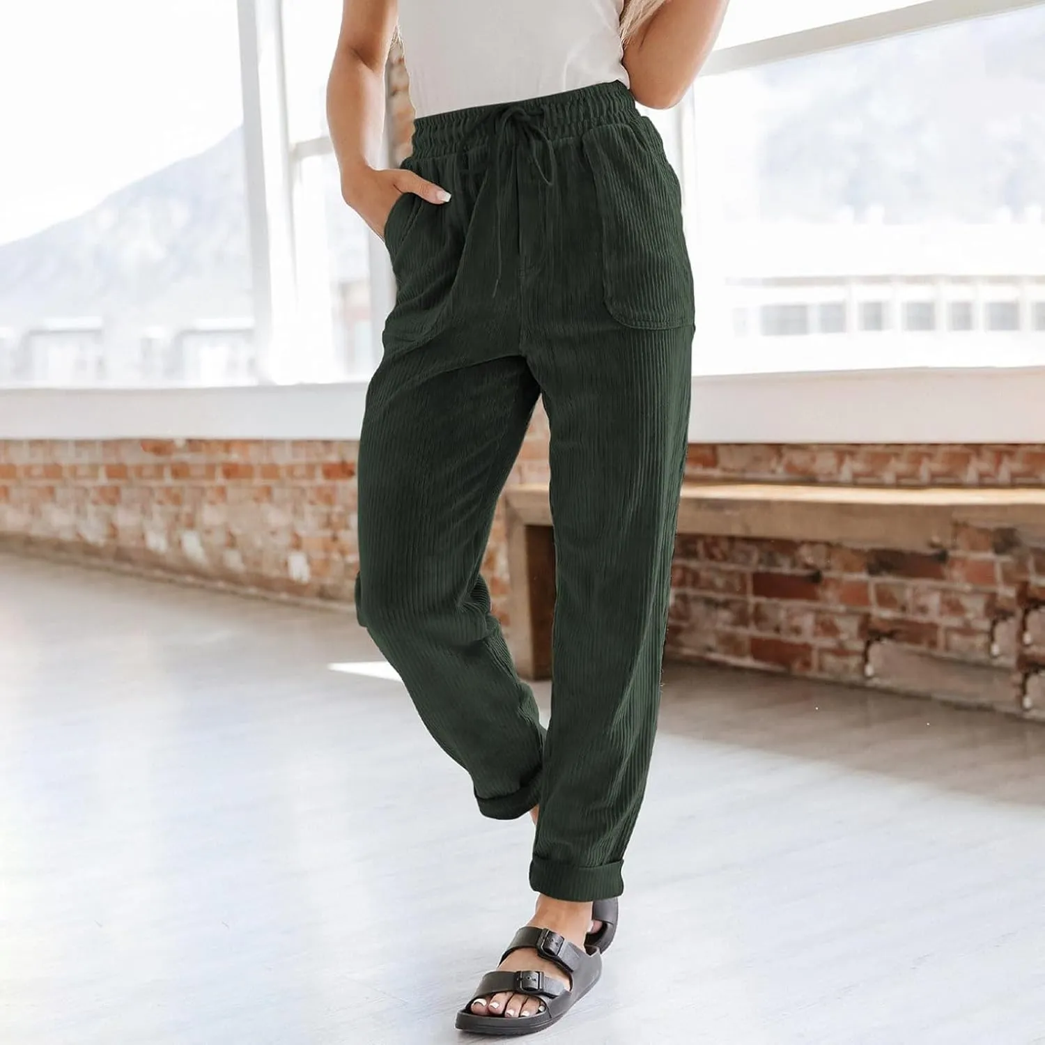 Womens Corduroy Pants Soft Comfy High Waisted Drawstring Joggers Casual Straight Leg Hiking Pants Trousers with Pocket
