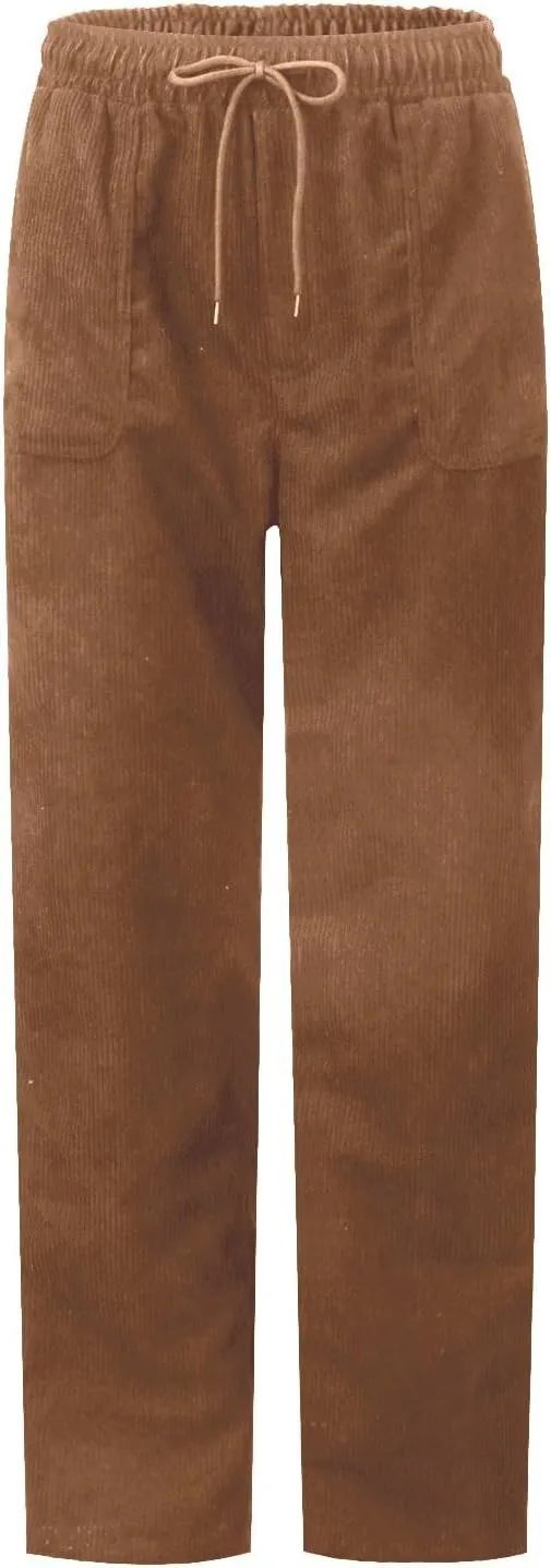Womens Corduroy Pants Soft Comfy High Waisted Drawstring Joggers Casual Straight Leg Hiking Pants Trousers with Pocket
