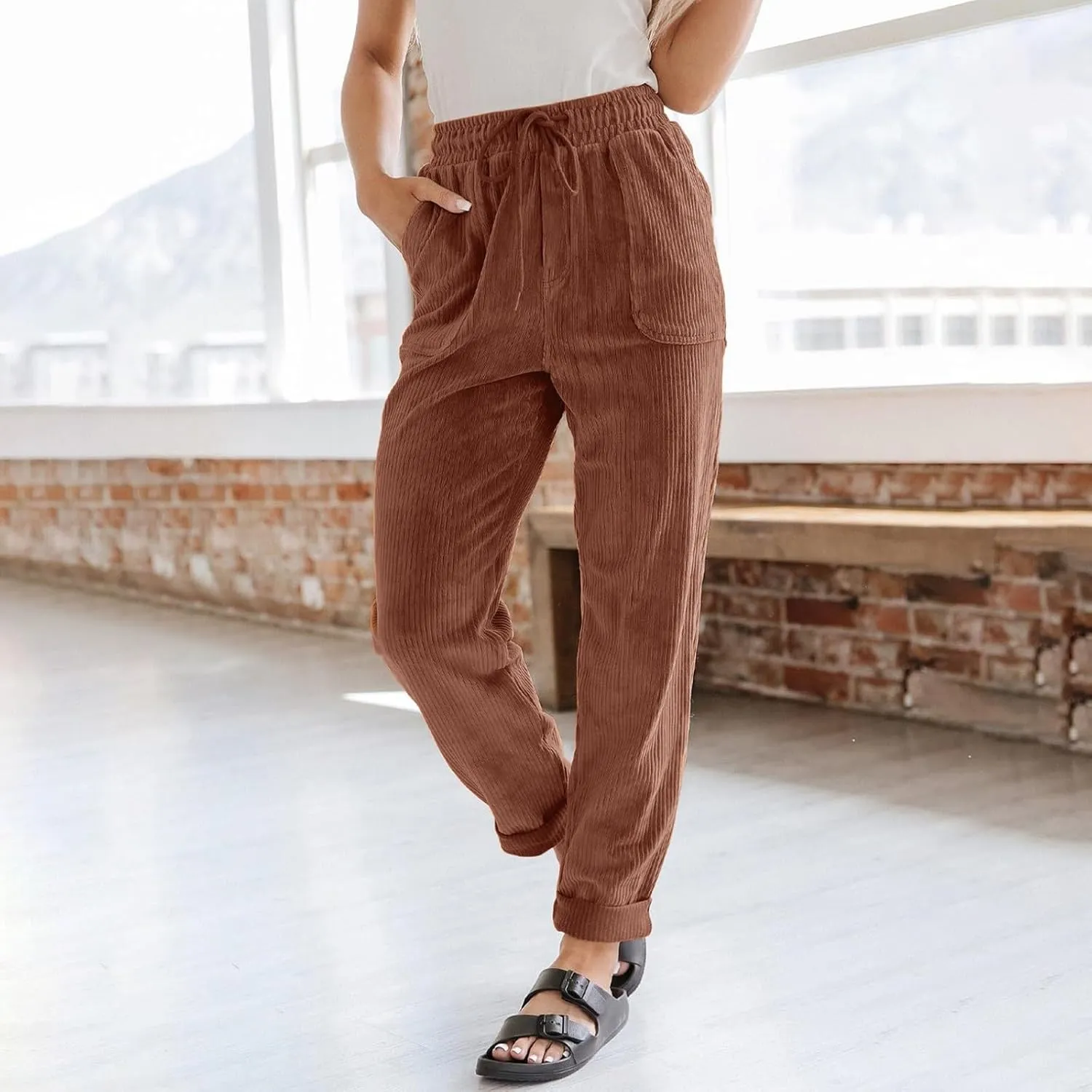 Womens Corduroy Pants Soft Comfy High Waisted Drawstring Joggers Casual Straight Leg Hiking Pants Trousers with Pocket