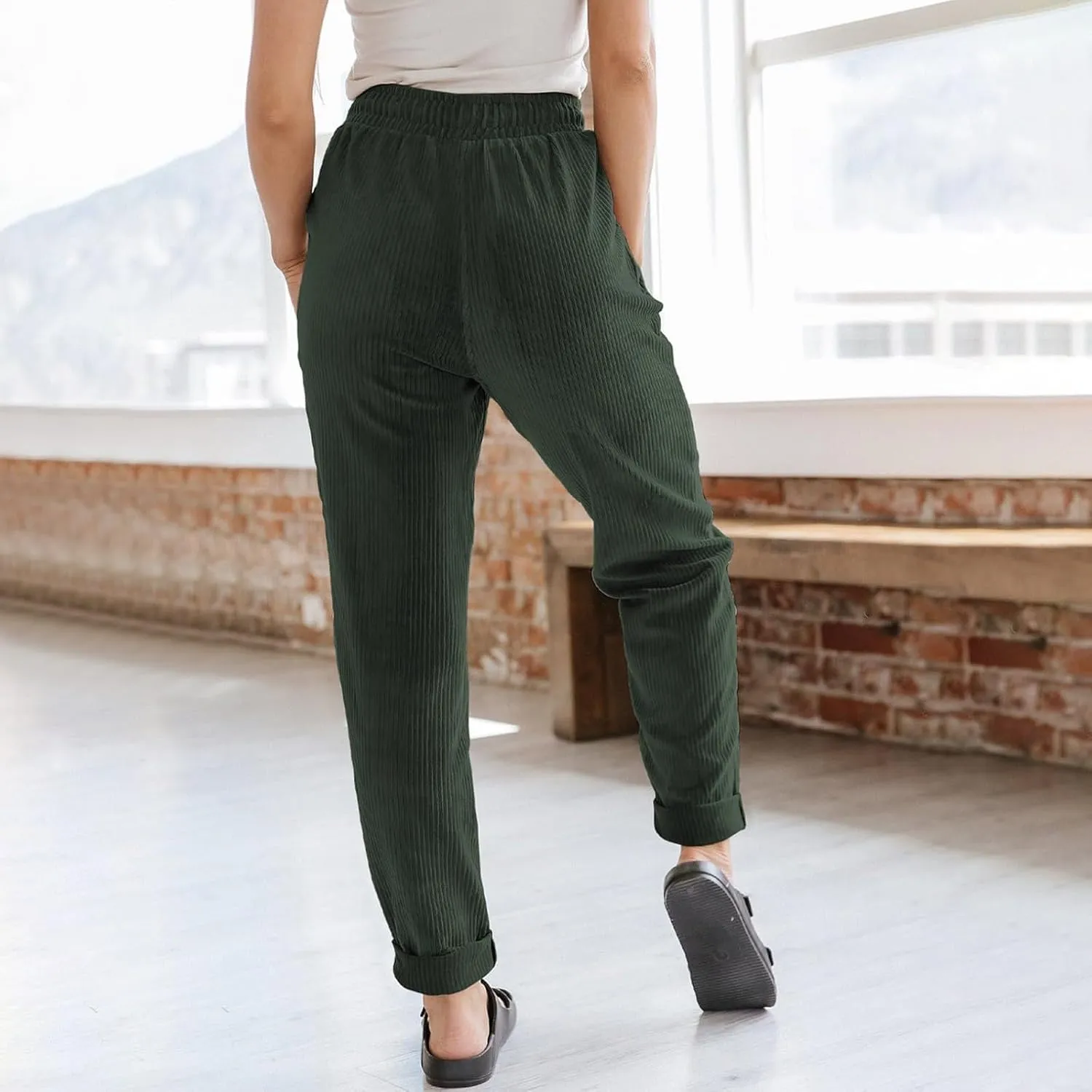 Womens Corduroy Pants Soft Comfy High Waisted Drawstring Joggers Casual Straight Leg Hiking Pants Trousers with Pocket