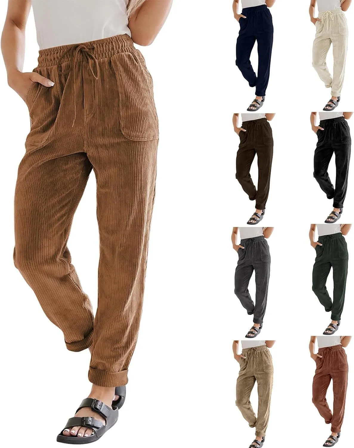 Womens Corduroy Pants Soft Comfy High Waisted Drawstring Joggers Casual Straight Leg Hiking Pants Trousers with Pocket
