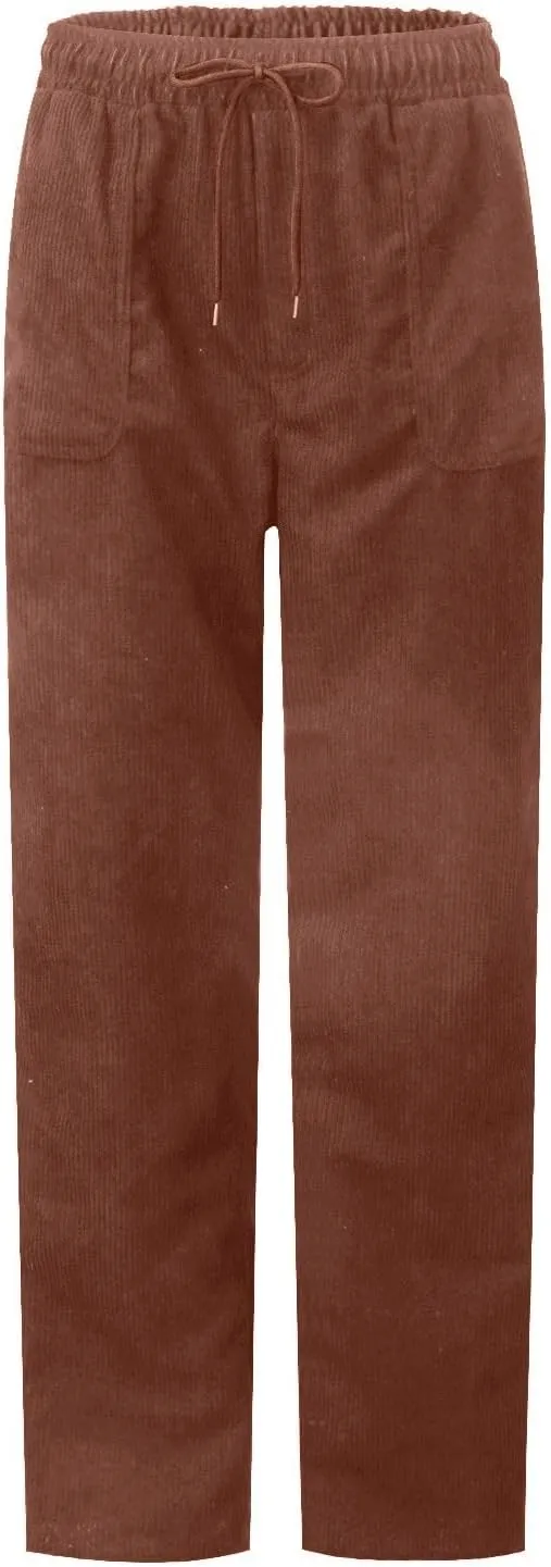 Womens Corduroy Pants Soft Comfy High Waisted Drawstring Joggers Casual Straight Leg Hiking Pants Trousers with Pocket
