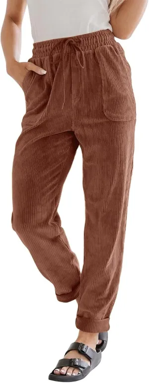 Womens Corduroy Pants Soft Comfy High Waisted Drawstring Joggers Casual Straight Leg Hiking Pants Trousers with Pocket