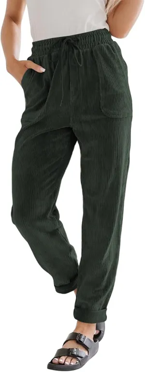 Womens Corduroy Pants Soft Comfy High Waisted Drawstring Joggers Casual Straight Leg Hiking Pants Trousers with Pocket