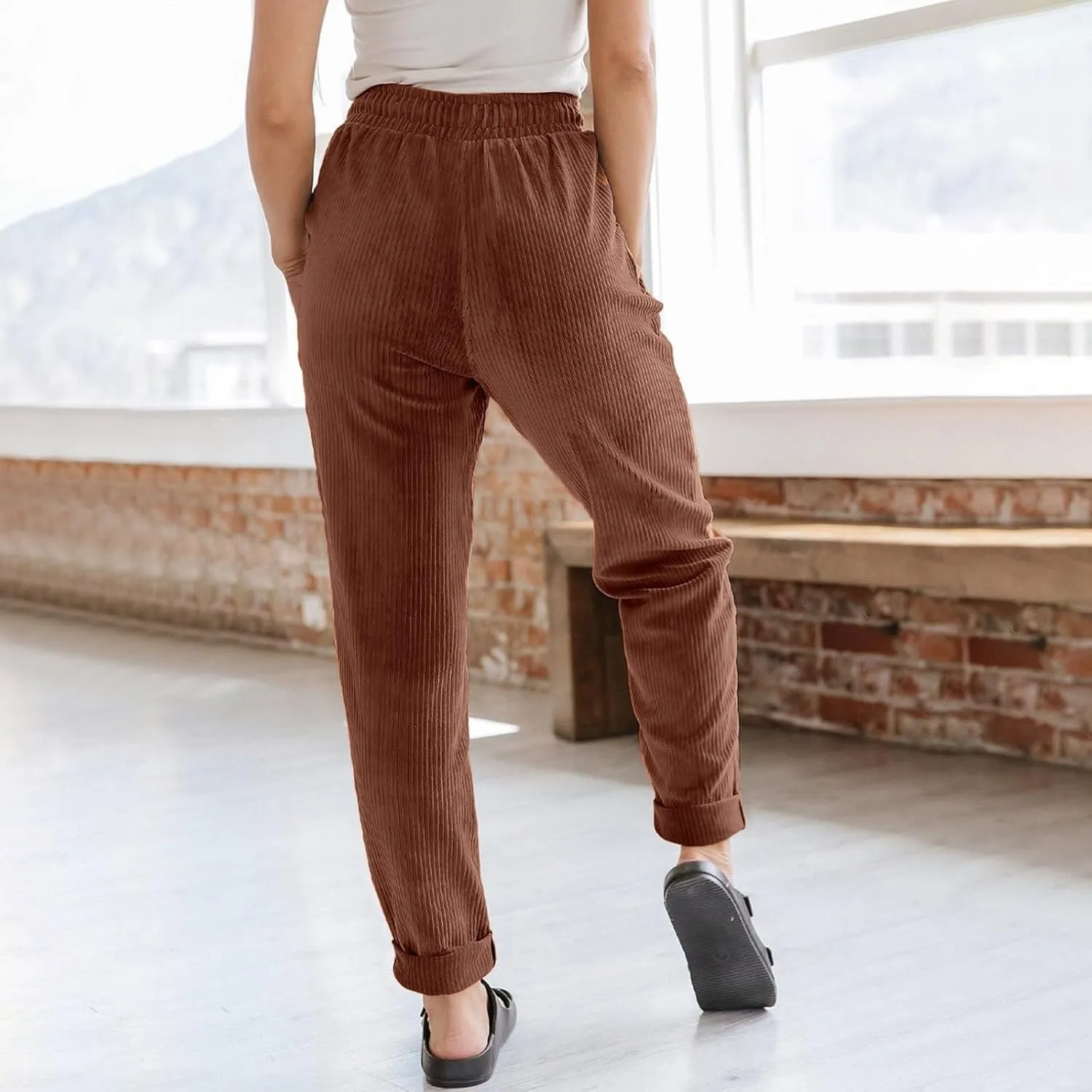 Womens Corduroy Pants Soft Comfy High Waisted Drawstring Joggers Casual Straight Leg Hiking Pants Trousers with Pocket