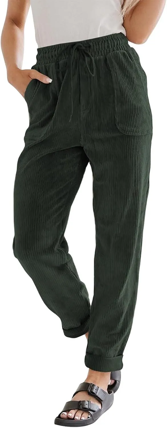 Womens Corduroy Pants Soft Comfy High Waisted Drawstring Joggers Casual Straight Leg Hiking Pants Trousers with Pocket