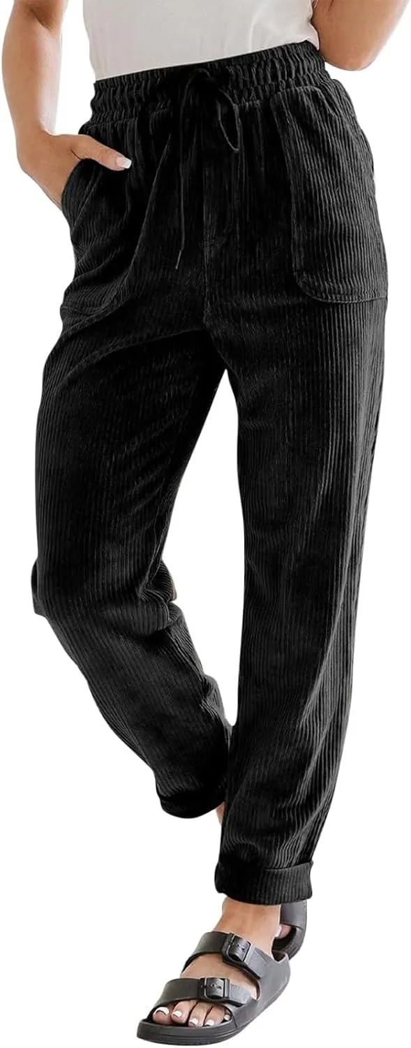 Womens Corduroy Pants Soft Comfy High Waisted Drawstring Joggers Casual Straight Leg Hiking Pants Trousers with Pocket