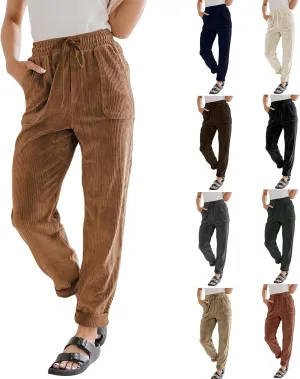 Womens Corduroy Pants Soft Comfy High Waisted Drawstring Joggers Casual Straight Leg Hiking Pants Trousers with Pocket