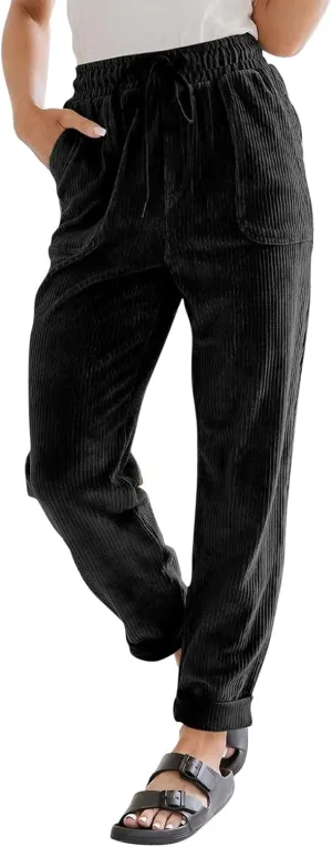 Womens Corduroy Pants Soft Comfy High Waisted Drawstring Joggers Casual Straight Leg Hiking Pants Trousers with Pocket