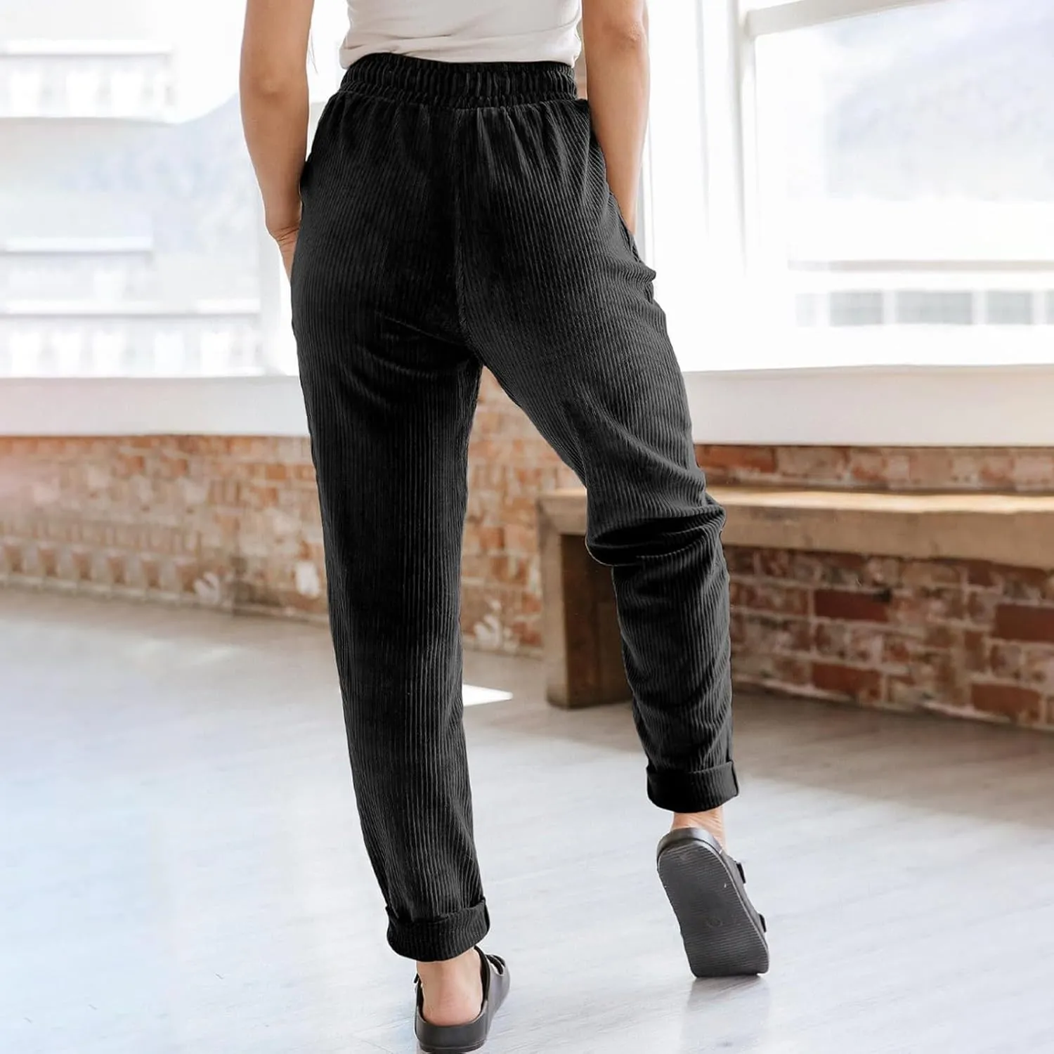 Womens Corduroy Pants Soft Comfy High Waisted Drawstring Joggers Casual Straight Leg Hiking Pants Trousers with Pocket