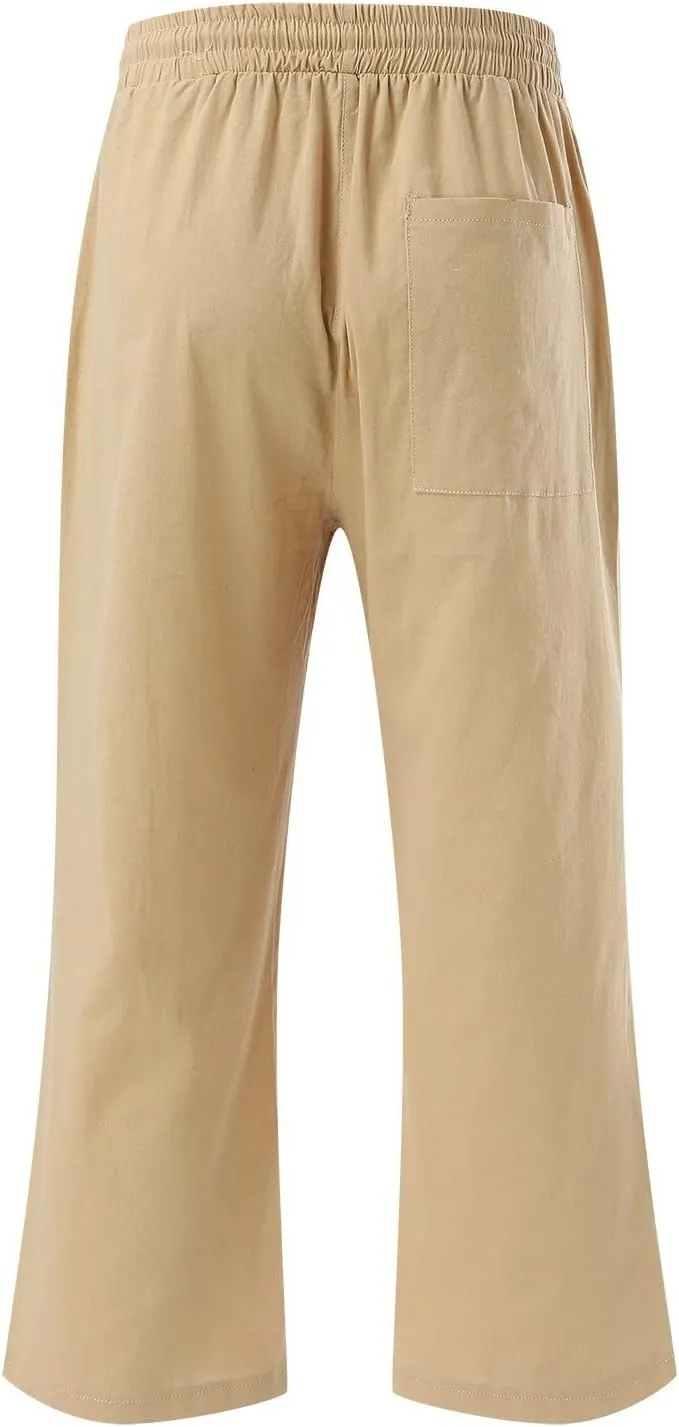 Women's Cotton Linen Capri Pant Loose Elastic Straight Leg Summer Beach Pants with Pockets