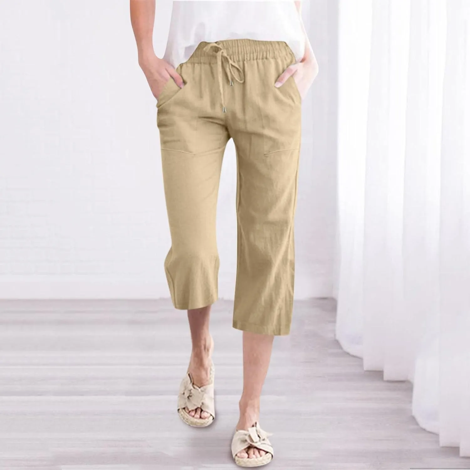Women's Cotton Linen Capri Pant Loose Elastic Straight Leg Summer Beach Pants with Pockets