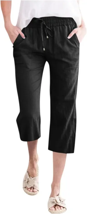 Women's Cotton Linen Capri Pant Loose Elastic Straight Leg Summer Beach Pants with Pockets