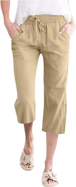 Women's Cotton Linen Capri Pant Loose Elastic Straight Leg Summer Beach Pants with Pockets