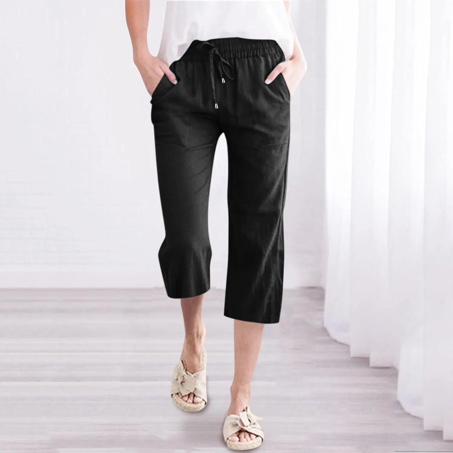 Women's Cotton Linen Capri Pant Loose Elastic Straight Leg Summer Beach Pants with Pockets