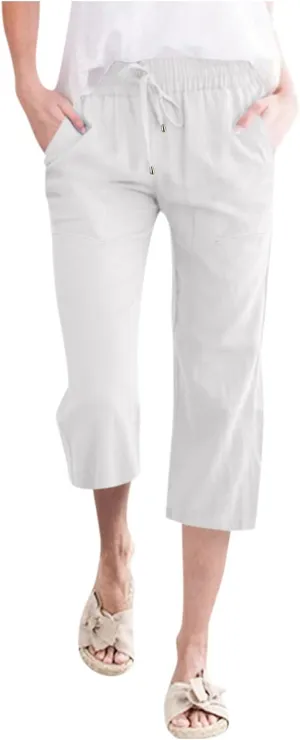 Women's Cotton Linen Capri Pant Loose Elastic Straight Leg Summer Beach Pants with Pockets