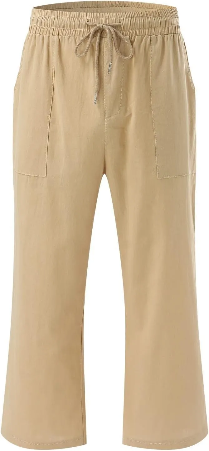 Women's Cotton Linen Capri Pant Loose Elastic Straight Leg Summer Beach Pants with Pockets