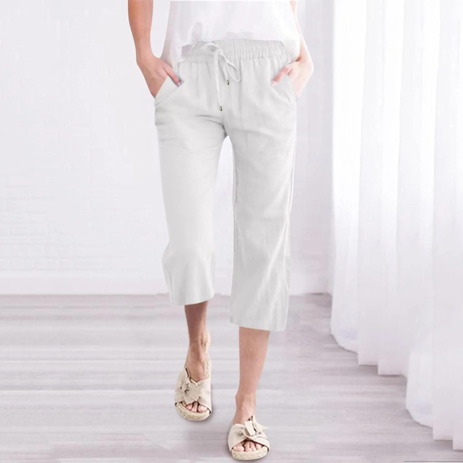 Women's Cotton Linen Capri Pant Loose Elastic Straight Leg Summer Beach Pants with Pockets