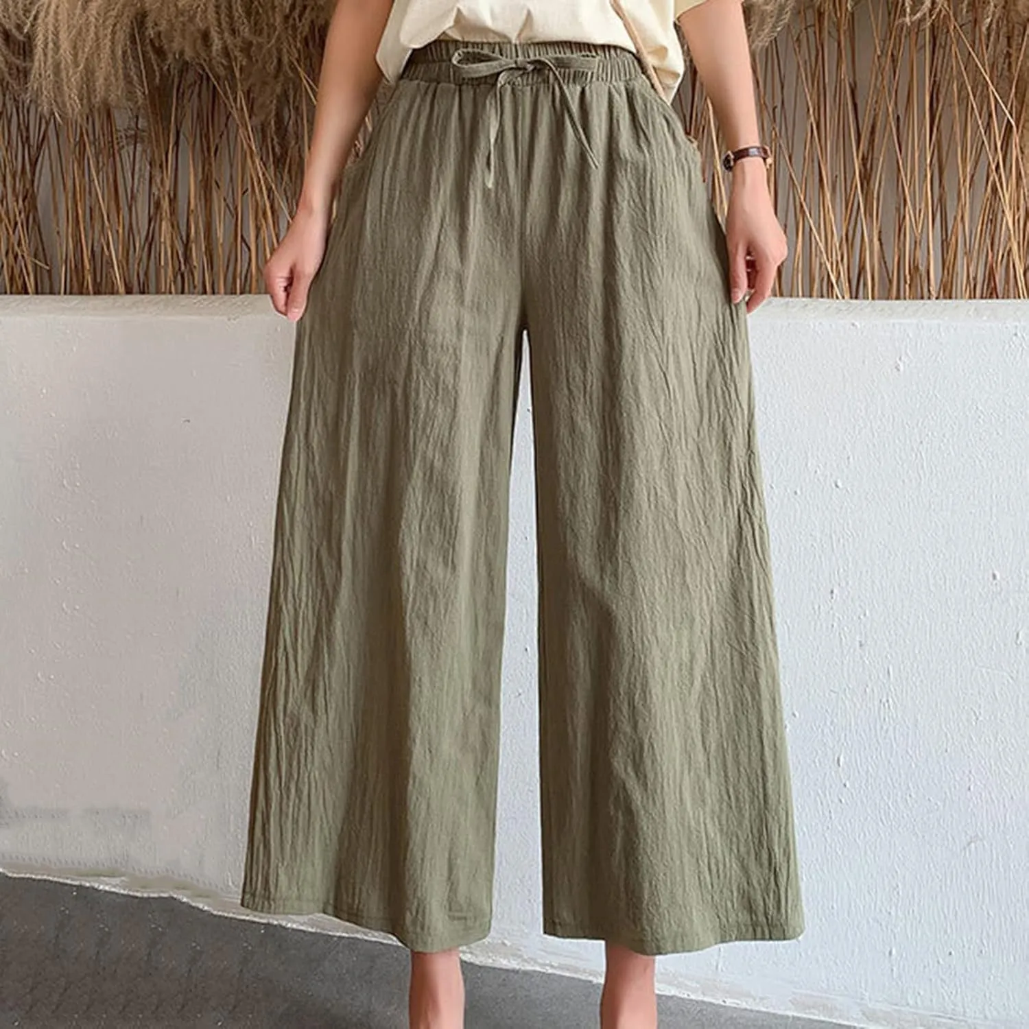 Women's Cotton Linen Straight Leg Palazzo Pants Elastic Strappy Wide Leg Flowy Pants Loose Lounge Trousers Cute Pants